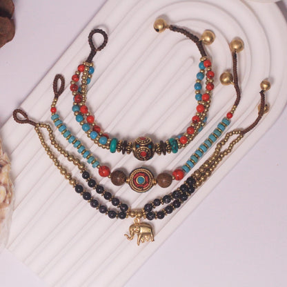 Petite Adjustable Boho Bracelet for Small Wrists - Handmade Nepalese Buddhist Prayer Bracelet with Elephant Charm, Brass Bell, Turquoise Stone & Tibetan Mantra Beads, Spiritual Gift (Black, 3Pcs)