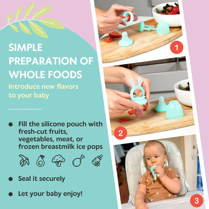 Vesta Baby Fresh + Frozen Food Feeder - 2 Sizes Soft Silicone Push Pop Fruit Nibbler for Safe Infant Self Feeding - Solid Foods Weaning & Teether Set - Bunny Teething Relief Toy for Babies 4M+