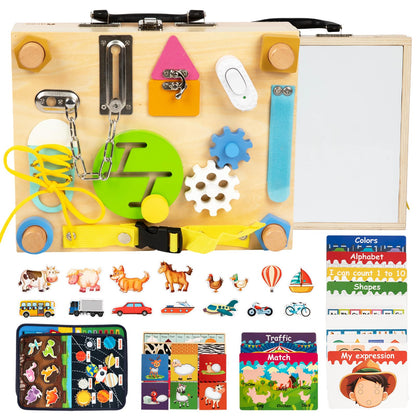 Adena Montessori Busy Board Box for Toddlers 2-4, 6 in 1 Montessori Toys for 1 Year Old with Drawing Board, Quiet Book, Puzzles, Sensory Toys for Fine Motor Skills, Learning Toys for Travel
