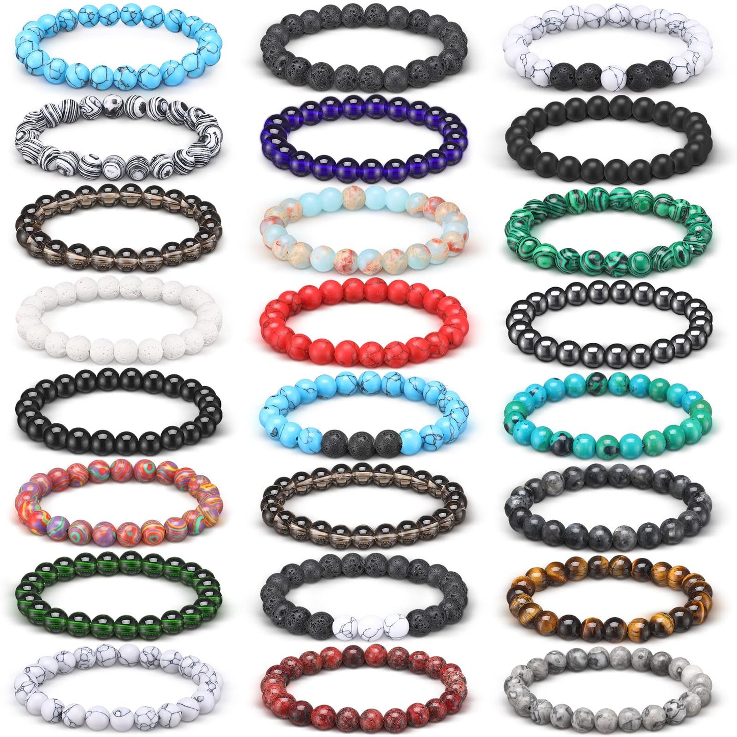 Landical 24 Pcs 8mm Gemstones Beaded Bracelets for Men Women Stretch Round Bead Bracelets Set Healing Crystal Stone Bracelets Semi Precious Bracelets (Classic)