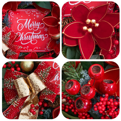 Christmas Wreath with Lights, 24 Inch Lighted Christmas Wreath for Front Door, Winter Wreath with LED Lights, red Berries, Pinecones, Gold Ball, Red Bow, Merry Christmas Sign for Indoor or Outdoor