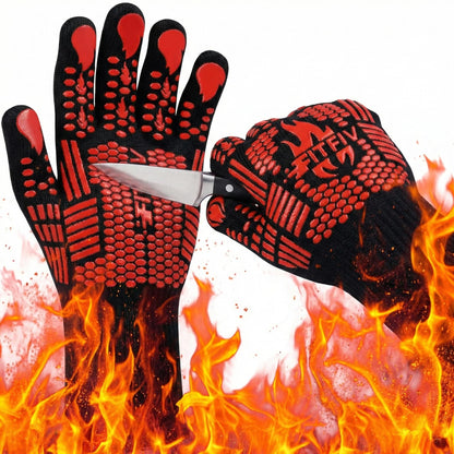FITFIV BBQ Gloves, Oven Gloves, 1472°F Extreme Heat Resistant Barbecue Gloves, Silicone Non-Slip Oven Mitts, Kitchen for Cooking, Grilling, and Baking