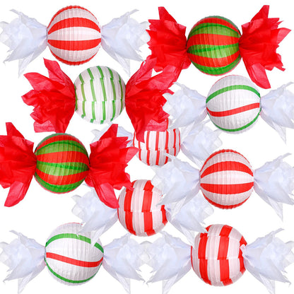 Riakrum 12 Pcs Christmas Candy Paper Lanterns 10 Inch Red Green White Christmas Hanging Paper Lantern Decorations Craft Sets for Xmas Party Supplies Indoor Outdoor Decor