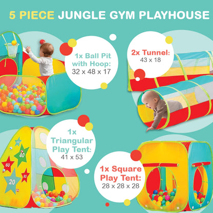 Kids Play Tent for Toddlers, 5pc Toddler Jungle Gym Playset with Ball Pit, Crawl Tunnel and Obstacle Course, Indoor Outdoor Playhouse Toy for Boys and Girls