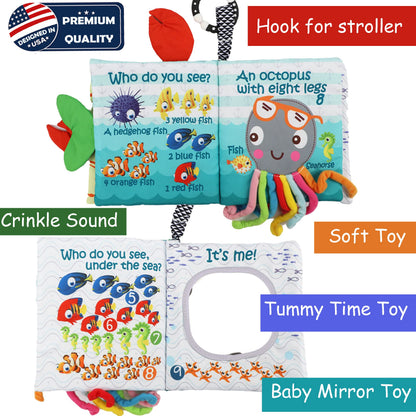 Fish Baby Books, Crinkle Books for Babies,Touch Feel,Infant Baby Toys 0-3 0-6 6-12 Months, Sensory Mirror Toys,Soft Teether,Teething,Shower Baby Easter Basket Stuffers,Baby Gifts for Boys Girls-Green