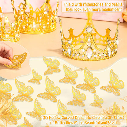 cridoz Gold Crowns for Flower Bouquets, Flower Bouquet Accessories Including 4 Pcs Bouquet Crown, 12 Pcs Butterfly Decorations and 50 Pcs Flower Pins for Birthday Wedding Baby Shower