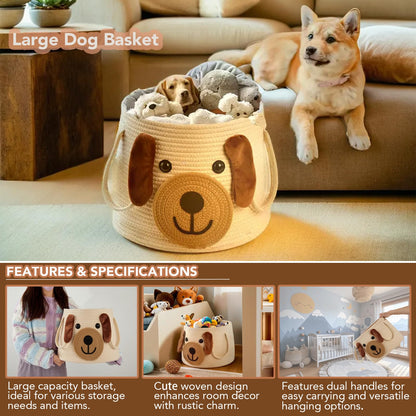 Large Dog Woven Basket with Handles - Toy Storage Bin, Baby Gift & Animal Nursery & Cute Laundry Basket, for Clothes, Towels, Toys (Dog)