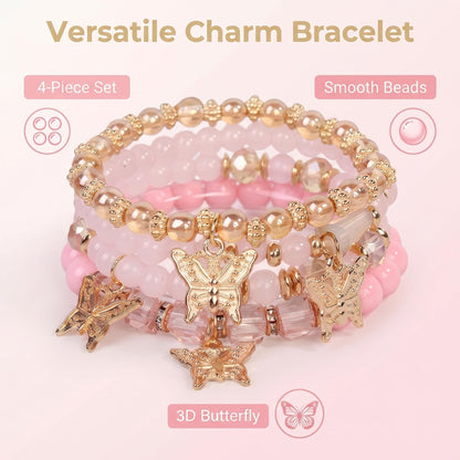 LOTSOF Boho Flower Beaded Bracelet Set for Women - Multilayer Crystal & Flower Charm Stackable Bracelets, Fashion Jewelry Gift for Her (Pink Butterfly)