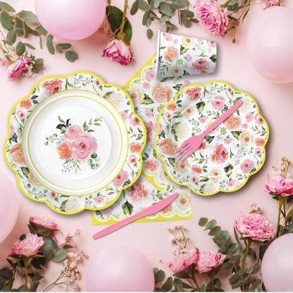 Owelleny Flower Floral Party Decorations, Spring Summer Elegant Garden Floral Party Supplies for Birthday Bridal Wedding Baby Shower, Disposable Paper Plate, Cup, Napkin, Banner, Cutlery, Serves 24