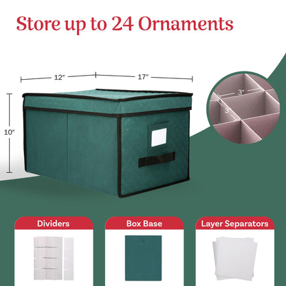 Ornament Storage Box - Flip Top Organizer Cube With 24 Individual Compartments and Dividers - For Christmas Bulbs and Decorations by Elf Stor (Green)