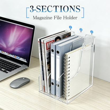 ZESHIHAOGUO 3-Tier Clear Acrylic File Holder, Vertical Document Organizer for Magazines, Binders, Notebooks & Envelopes - Multi-Purpose Desk Storage for Home Office（A4,3 Sections）