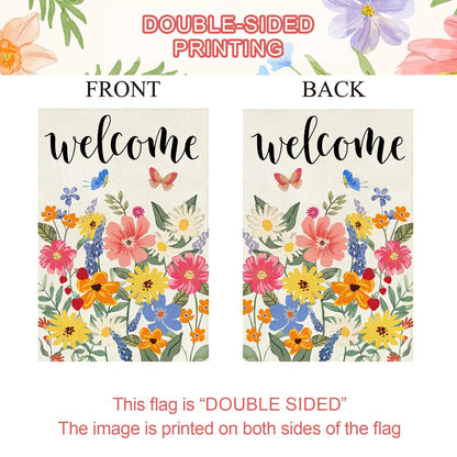 Baccessor Spring Summer Welcome House Flag Double Sided 28x40 Inch Burlap,Floral Butterflies Large Garden Flag Porch Patio Front Entry Yard Seasonal Farmhouse Outside Outdoor Decor