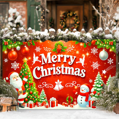 BlissYard Merry Christmas Banner 71x43 Inch Santa Claus Snowman Christmas Tree Gift Box Red Backdrop for Indoor Outdoor Xmas Party Wall Decor Holiday Celebration Decorations