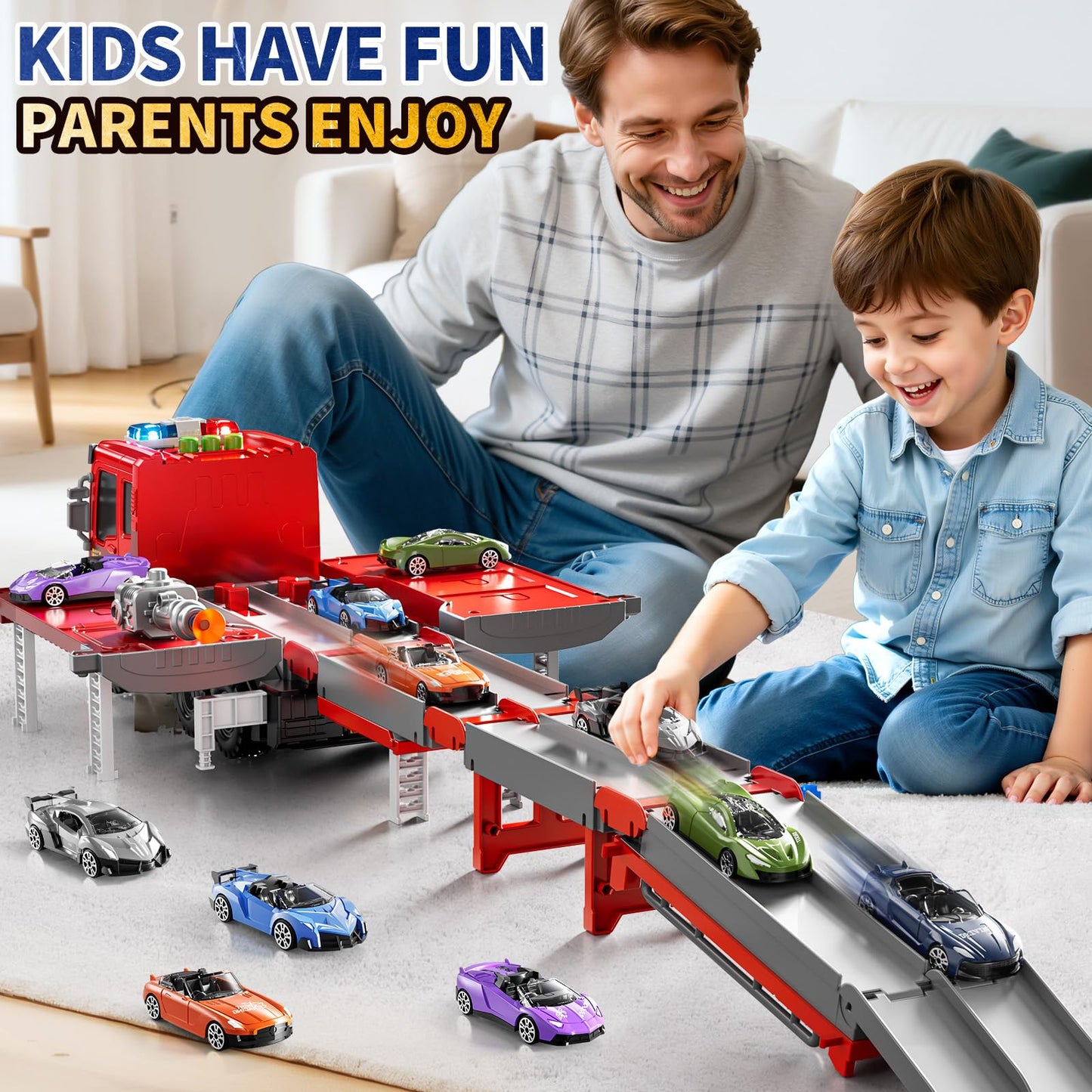 DULONIME Fire Trucks for Toddlers 1-3, Firetruck Toys for Toddlers 1-3 3-5, Folded Carrier Truck Race Track with 6 Racing Car Toys, Light Sound, Birthdays for Kids Girls Aged 3-9