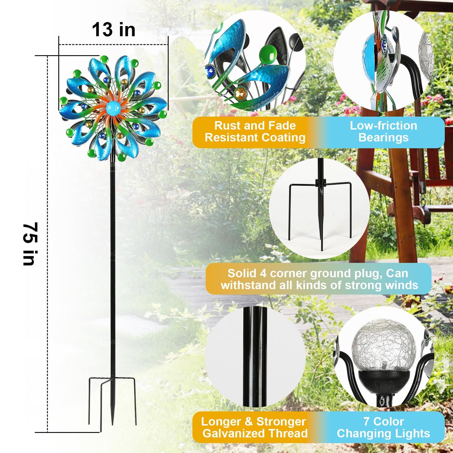 MLKNK Wind Spinners for Yard and Garden - Wind Sculptures & Spinners, 75 Inch, Navy Blue, Kinetic Art with Solar Powered Multi-Color Glass Ball Light