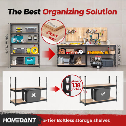 HOMEDANT 47.7" W Deep 5 Tier Heavy Duty Garage Shelving Adjustable Metal Rack Storage Shelves Standing Shelf Unit Organizers Industrial Warehouse Basement Black 1Pack