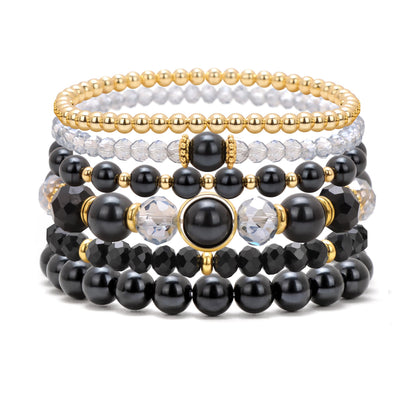 Raicegs 6PCS Beaded Bracelet 14K Gold Pearl Stretch Bracelet Stackable Crystal Beads Bracelets Boho Trendy Jewelry Gift for Women