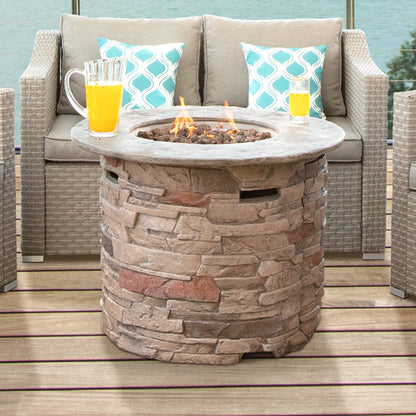 SUNBURY Outdoor Fire Pit Propane Round Fire Pit Table Fire Column, Stonecrest 40,000 BTU Gas Fire Pits for Outside w Lava Rocks, Waterproof Cover, CSA Certified