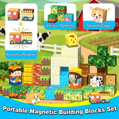 Mini Magnetic Blocks, Magnet Building Cubes, Farm Animal Travel Outdoors Toys with Portable Iron Box, STEM Montessori Sensory Educational Toys for Toddlers, Gift for Kids Ages 3-8 Boys & Girls