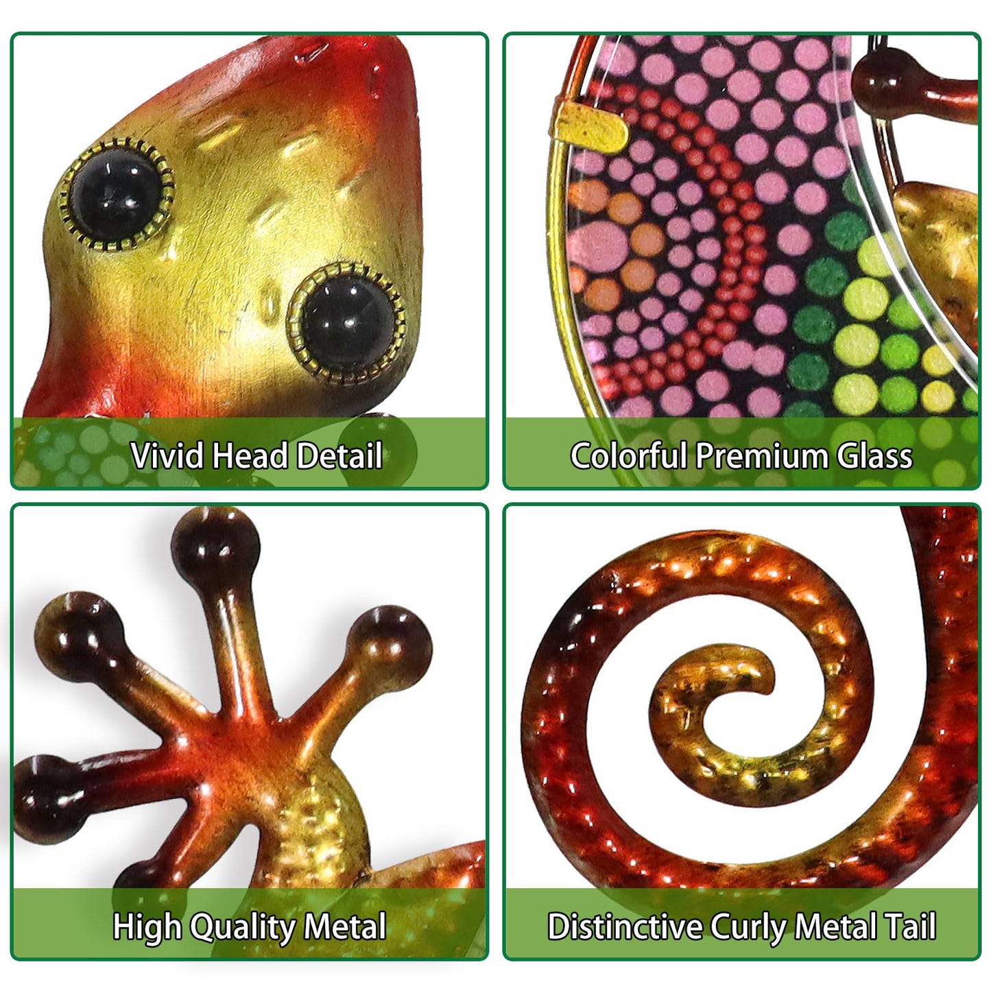 HONGLAND Metal Gecko Wall Art 2 Pack 15 Inch Lizard Outdoor Decor Hanging Glass Sculpture Decoration for Garden Fence Home