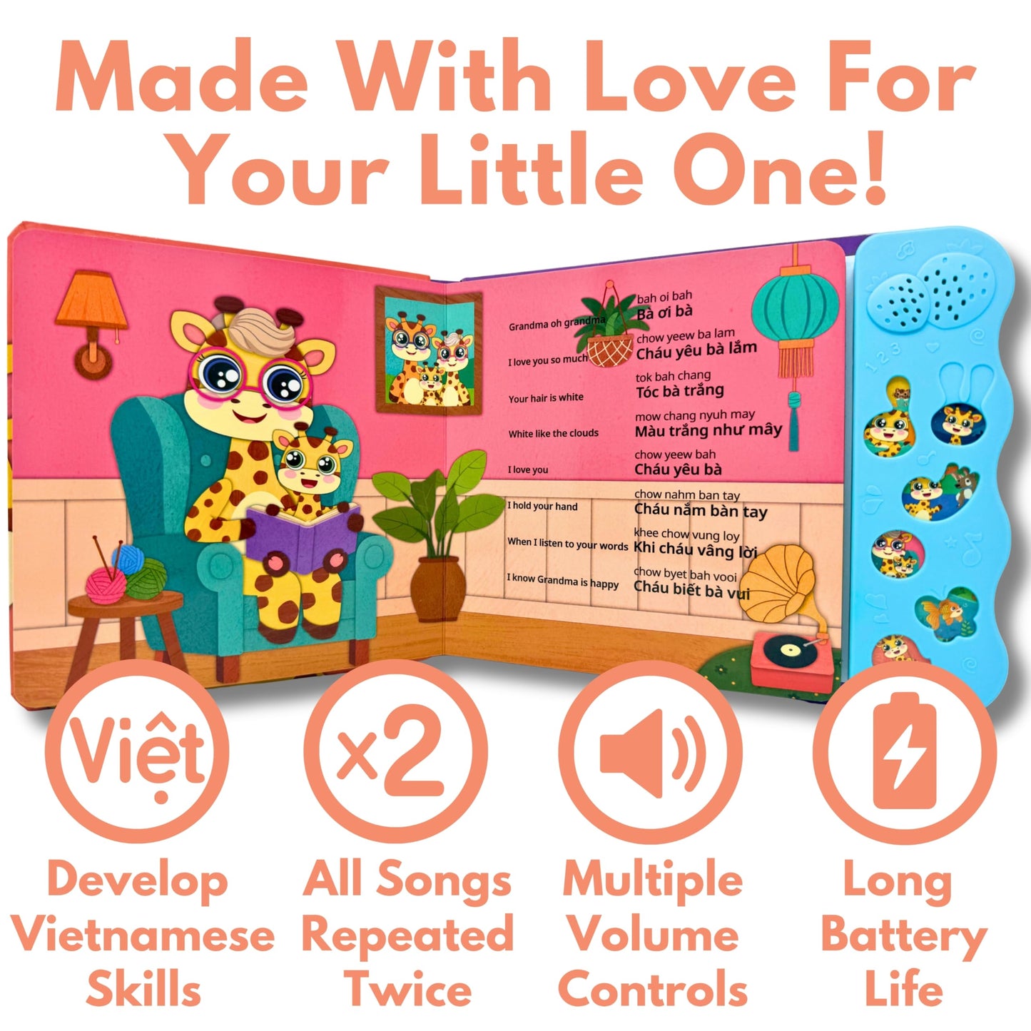 Mimi Learns Vietnamese Vol. 2 — Interactive Sound Board Book for Toddlers 1-3, Bilingual English & Vietnamese Songs & Music, Talking Musical Learning Toy and Gift for Babies & Kids