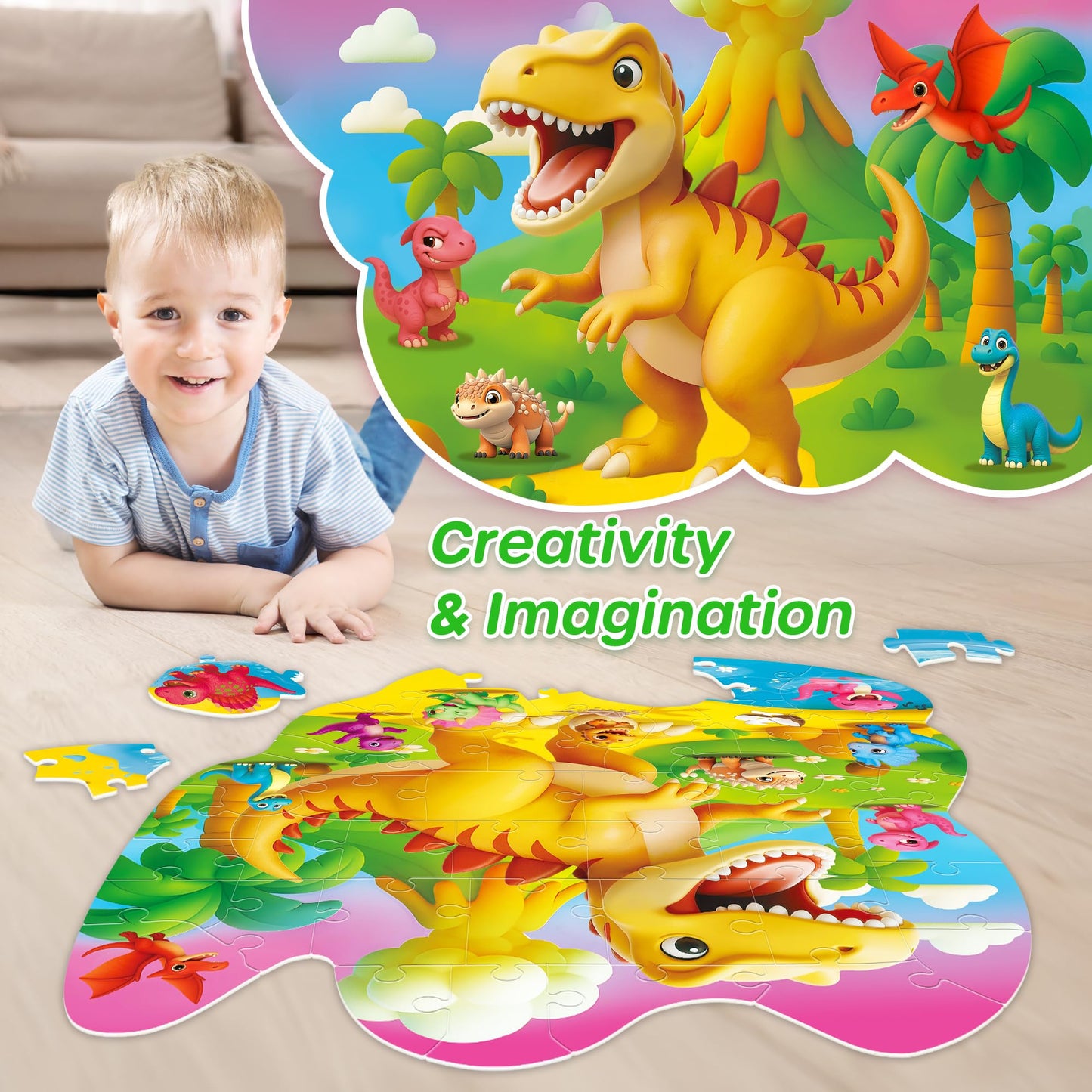 SYNARRY Dinosaur Floor Puzzles for Kids Ages 4-6, Large 45 Piece Floor Puzzles for Kids Ages 3-5, Puzzles for 4-8 Years Old, Dinosaur Toys Easter Basket Stuffers Gifts for 3 4 5 6 7 8 Year Old Boys