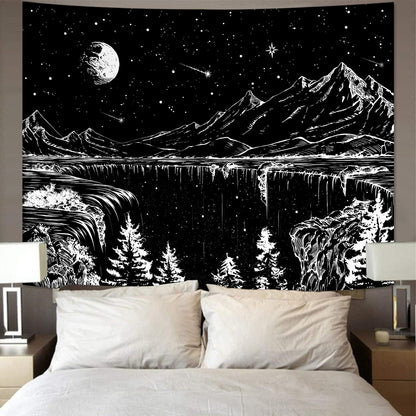 Zussun Black and White Tapestry Starry Night Mountain Tapestries for Bedroom Aesthetic Moon and Stars Tapastry's Wall Hanging Dark Nature Forest Wall Tapestry for Living Room Dorm (48'' × 36'')