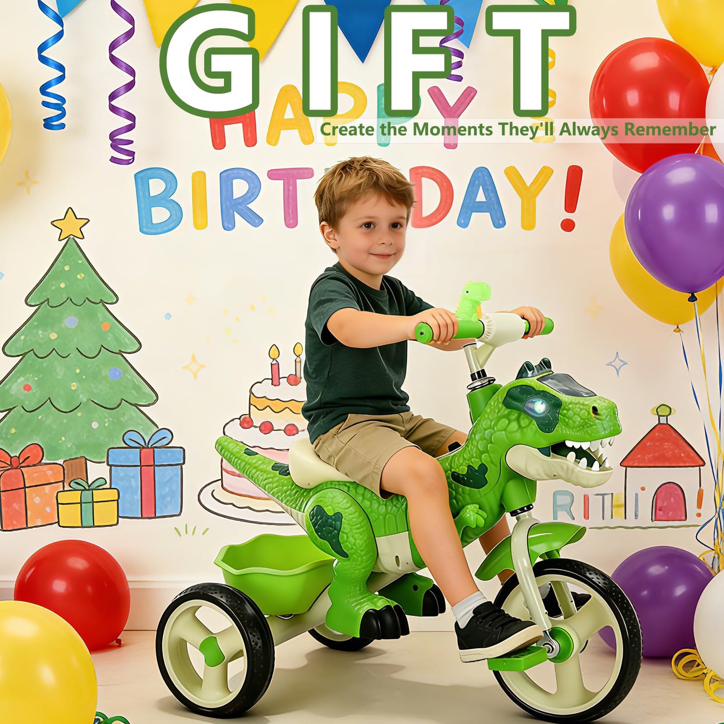 NMM Dinosaur Tricycle for Toddlers, Kids Trike with Music, LED, Tricycles for 3-5 Year Olds, for Rider, Big Wheel, Storage Basket, Horn, Toddler Bike for Boy, Dinosaur Toys for Kids 2-4 4-7