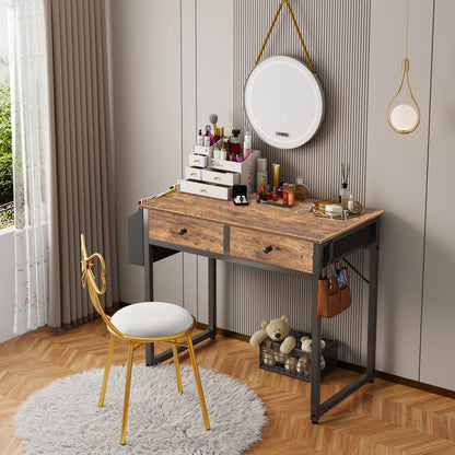 Lufeiya Small Computer Desk with 2 Drawers for Bedroom, 31 Inch Home Office Desk with Storage Fabric Drawer and Bag, Study Writing Table for Small Spaces, Rustic Brown