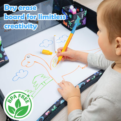 AZAMIA 2Pcs Kids Travel Tray for Toddler Carseat, Road Trip Activities Essentials for Toddler, Kids Lap Desk Tray with Tablet Holder Stand ＆ Dry Erase Board (Dinosaur-2Pcs)