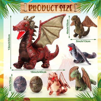 Deekin 7 Pcs Dragon Toy Set 16 Inch Large Dragon Stuffed Animal with 4 Baby Plush and 2 Eggs in Mommy's Belly Dinosaur Plushies Gifts for Boys Girls Birthday(Retro Style)