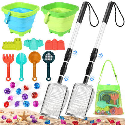 Beach Sand Toys Set with 2 PCS Adjustable Shark Tooth Sifter, Collapsible Beach Bucket,Sandbox Shovels,Sand Castle Kit,Diving Gem,Seashell Bags,Sand Sifter Shell Scooper Beach Essentials for kids 3-12