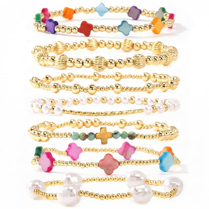 SHINUS BOHO 14K Gold Beaded Colorful Clover Bracelets Stack for Women,7PCS Bohemian Cross Pearl Beads Stackable Stretch Bracelet Set Fashion Birthday Prom Jewelry Accessories Gift Friendship Sister