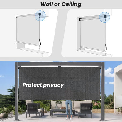 Breezombra 8'W x 8'H Gray Patio Shades Roll up Outdoor Roller Shade Crank Wand Blind Cordless, 90% UV Blocking & Privacy Protection for Porch|Gazebo|Pergola|Backyard (2 Splicing Tube, 1 Fabric)
