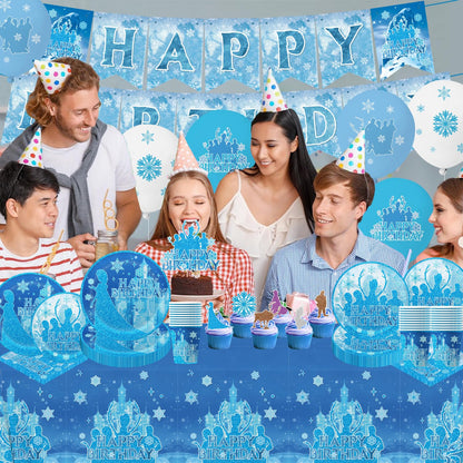 tetcuican 104Pcs Frozen Birthday Party Decorations, Snow Theme Party Supplies Set Include Banner, Balloons, Tablecloth, Cake Toppers, Cupcake Toppers, Plates, Napkins for Winter Birthday Decorations