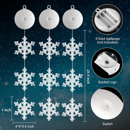 LYUBASA 3Pcs Christmas Window Lights Decorations with Timer, Battery Powered Christmas Window Hanging White Lighted Snowflake Shaped LED Sucker String Lamp for Xmas Tree Fireplace Window Indoor Decor