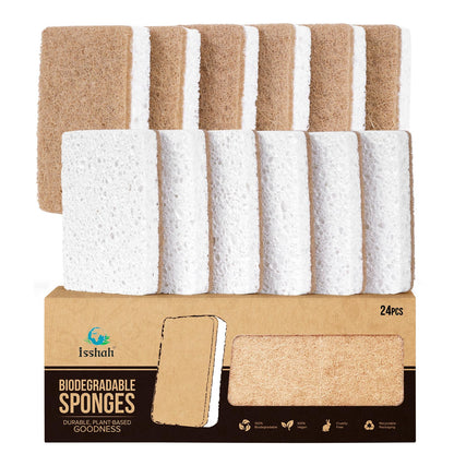 Isshah Plant-Based Kitchen Sponges - Natural, Eco-Friendly, Biodegradable Sisal Hemp Sponges for Dishes, Cleaning Sponge for Kitchen, Bathroom, Household - 24 Count