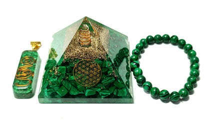 Sawcart Malachite Green Crystal Orgone Pyramid with Flower of Life Symbol, Stone Bracelet & Pendant Necklace Combo for Aura Cleansing, Reiki Spiritual Healing, Energy Generator, Yoga Meditation