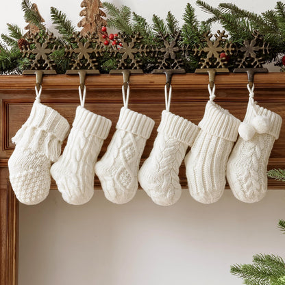 Rustic Mini Knitted Christmas Stockings: 6 Pack 9 Inch Beige Cable Knit Fireplace Stockings, Farmhouse Boho Style Cozy Handmade Hanging Xmas Stocking Decorations for Family Holiday Décor, Cream White