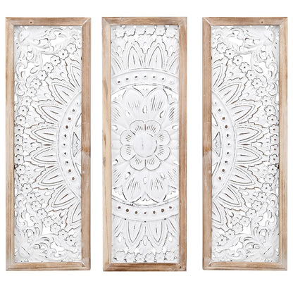 SwallowLiving 3D Layered Mandala Wood Wall Art Set of 3 – 23.6" Large Sacred Geometry Floral Sculptures, Intricately Carved Wood Panels for Meditation Room, Yoga Studio & Boho Decor, Distressed White