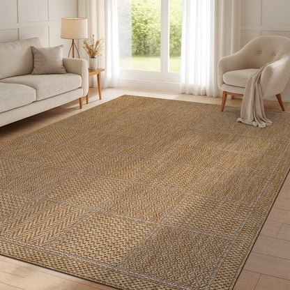 Beverly Rug Easy Jute Checkered Squared Rug 9x12 Washable Large Indoor Outdoor Area Rugs for Living Dining Room Patio Office Stain Resistant Non Shedding Casual Indoor Outside Carpet 9 x 12 Natural