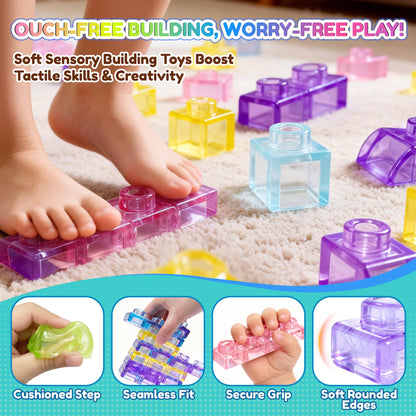 Soft Train Building Blocks with Wheels, 42 PCS Montessori Sensory Stacking Blocks, Toddler Learning Toy with Station, Squeezable, Stretchable & Stackable Tactile Toys, Preschool Creative Play for Kids