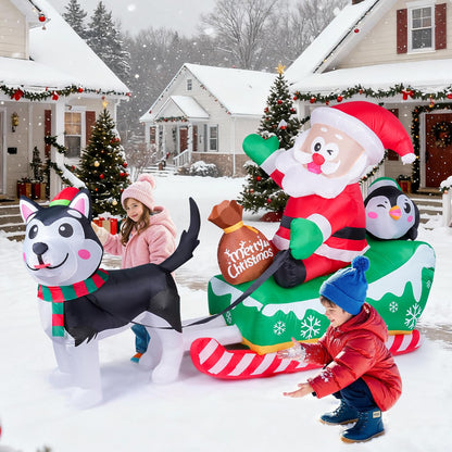 Meland Christmas Inflatables Outdoor - 9.5 FT Christmas Blow Ups Yard Decorations with Lights & Three Characters - Dog, Santa Clause on Sleigh, Penguin, Inflatable Decorations for Outside, Lawn Decor