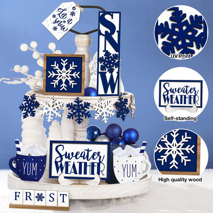 Jetec 12 Pieces Winter Tiered Tray Decor Set Snowflake Wooden Sign Let It Snow Table Decorations Farmhouse Coffee Bar Signs Tray Decor for Home Kitchen Tabletop(Blue)