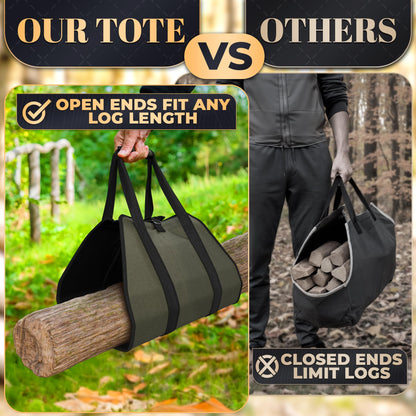 Firewood Carrier Bag 39.4"×18.5" – Waxed Canvas Wood Carrier for Firewood with Reinforced Handles, Hook-and-Loop Grip & Center Strap, Water-Resistant Design with Dust-Blocking Liner | Good for Gifting