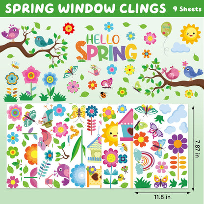 9 Sheets Spring Window Clings for Glass Windows, Spring Decor Window Stickers for Kids, Summer Easter Decals Decorations for Home, Office, Classroom Glass Doors