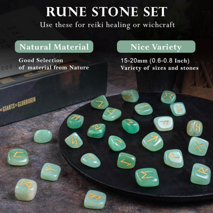 Crocon Green Aventurine Rune Stones Set Engraved with Elder futhark Crystal Runes Set, Reiki Healing runas for Meditation Chakra Balancing Rune Stone for Beginners with Crystal Guide & Pouch 15-20 mm