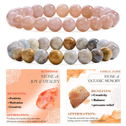 Bivei 2-Piece 8mm Beaded Bracelets for Women - Sunstone, Coral Jade – Handmade Natural Crystal Stretch Elastic Jewelry Yoga Meditation Protection Gifts