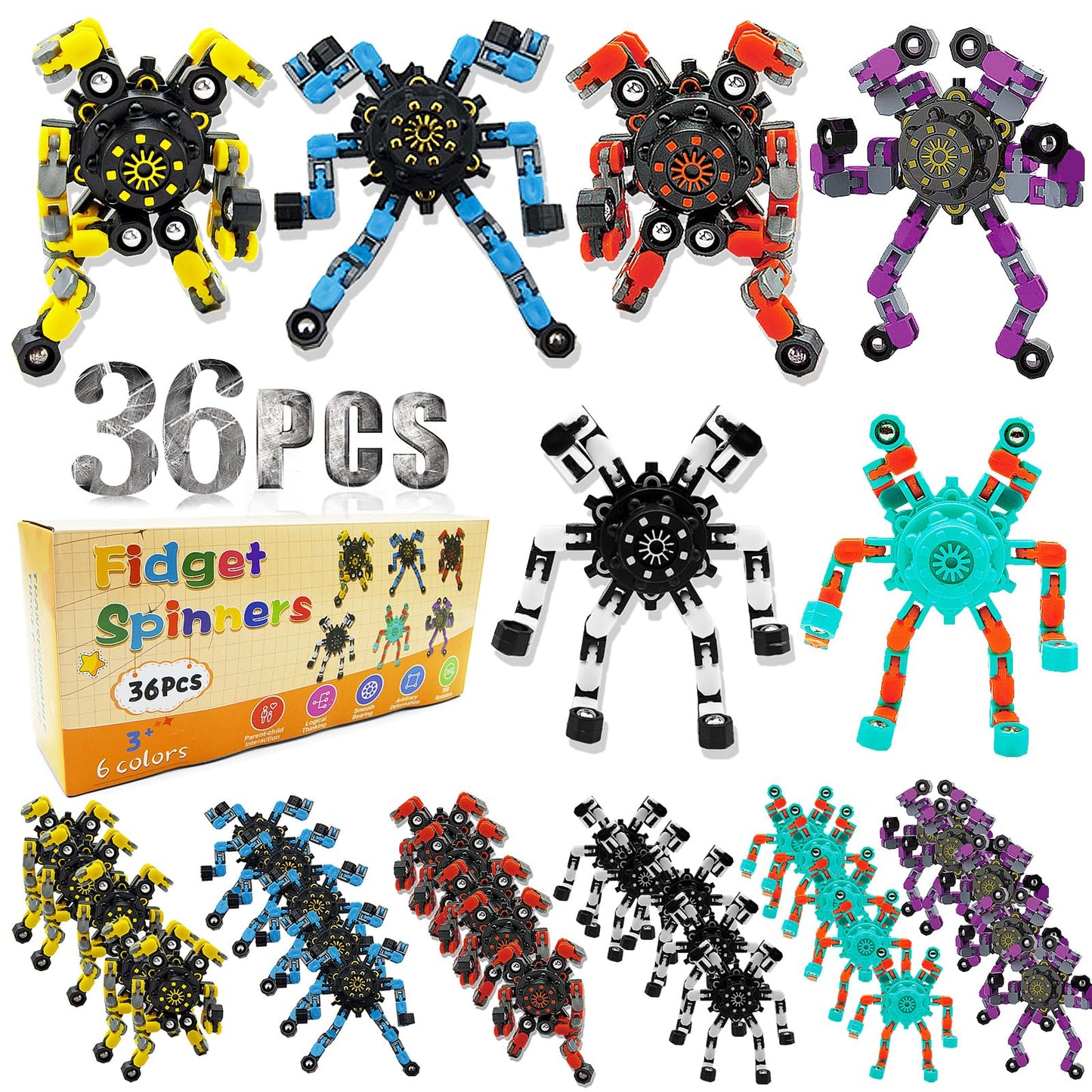 Easter Basket Stuffers 36PC Transformable Fidget Spinner for Kids,Deformable Chain DIY Robot Spinner Sensory Toy, Stress Relief Fingertip Gyros Fidget Toys Party Favors