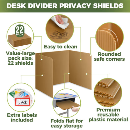 22-Pack Desk Dividers for Students - Durable & Waterproof Plastic Study Carrel Divider, Classroom Folders Teacher Supplies, Easy Clean Plastic Privacy Shield Folder Boards for Student Desks, Brown
